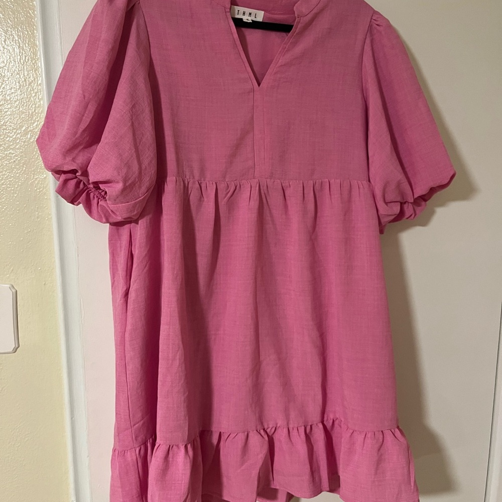 THML Pink Tiered Ruffled Sundress with Puff Sleeves
